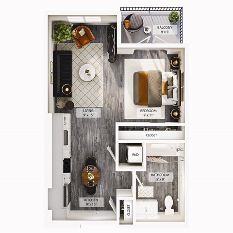 Floor plan for studio, 1 bath, 562 sqft